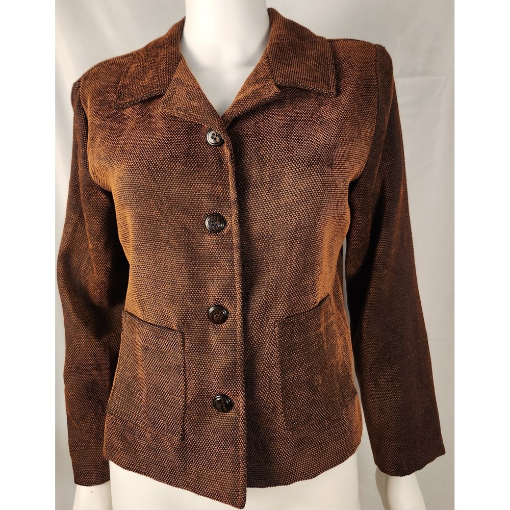 90s Brown Chenille Cropped Blazer/Jacket Soft Textured Button-Front 12P